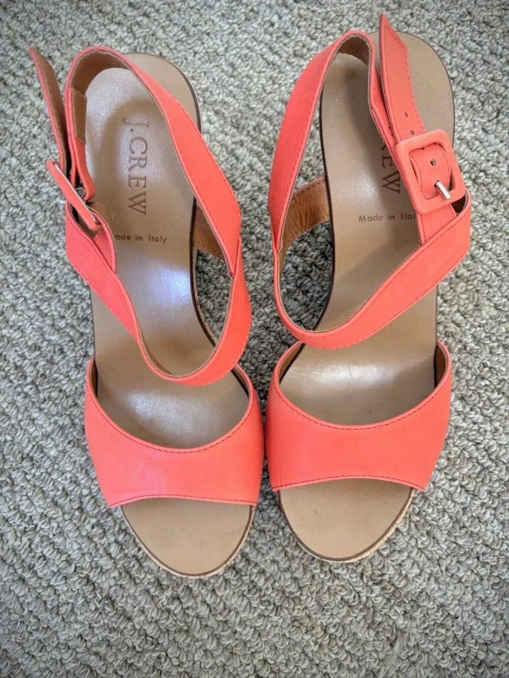 J. Crew Maryann Leather Cork Wedge Platform Sandals in Coral, 7M